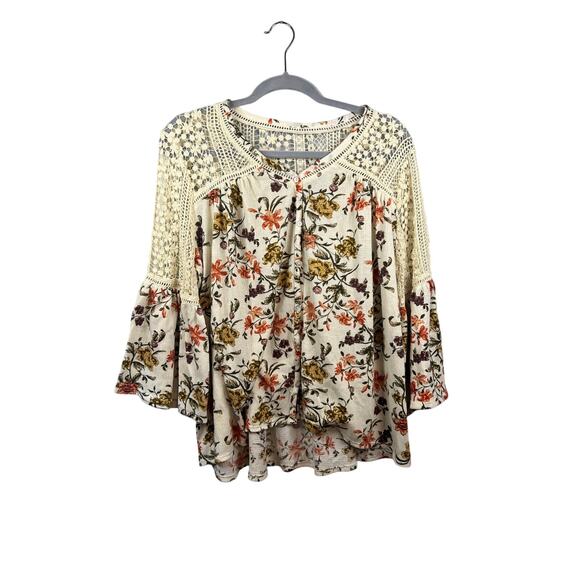 Est 1946 Tan Floral w/Lace Sleeves Blouse Size Large - Picture 1 of 5